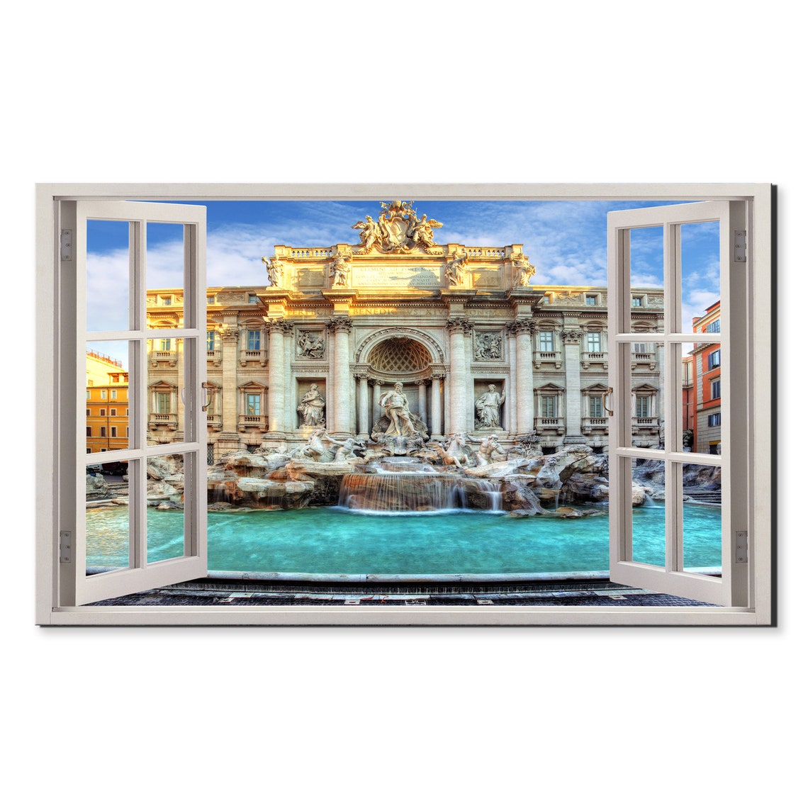 Rome Italy Trevi Fountain View Through Open Window Frame Travel Poster