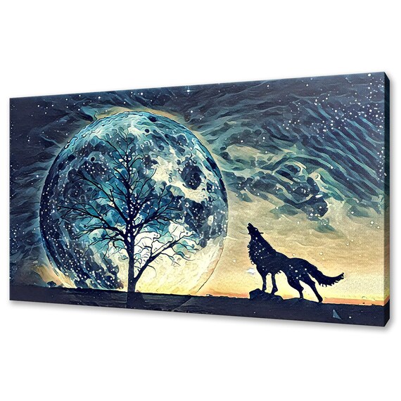Howling Wolf Under Full Moon Starry Night Silhouette Art Print