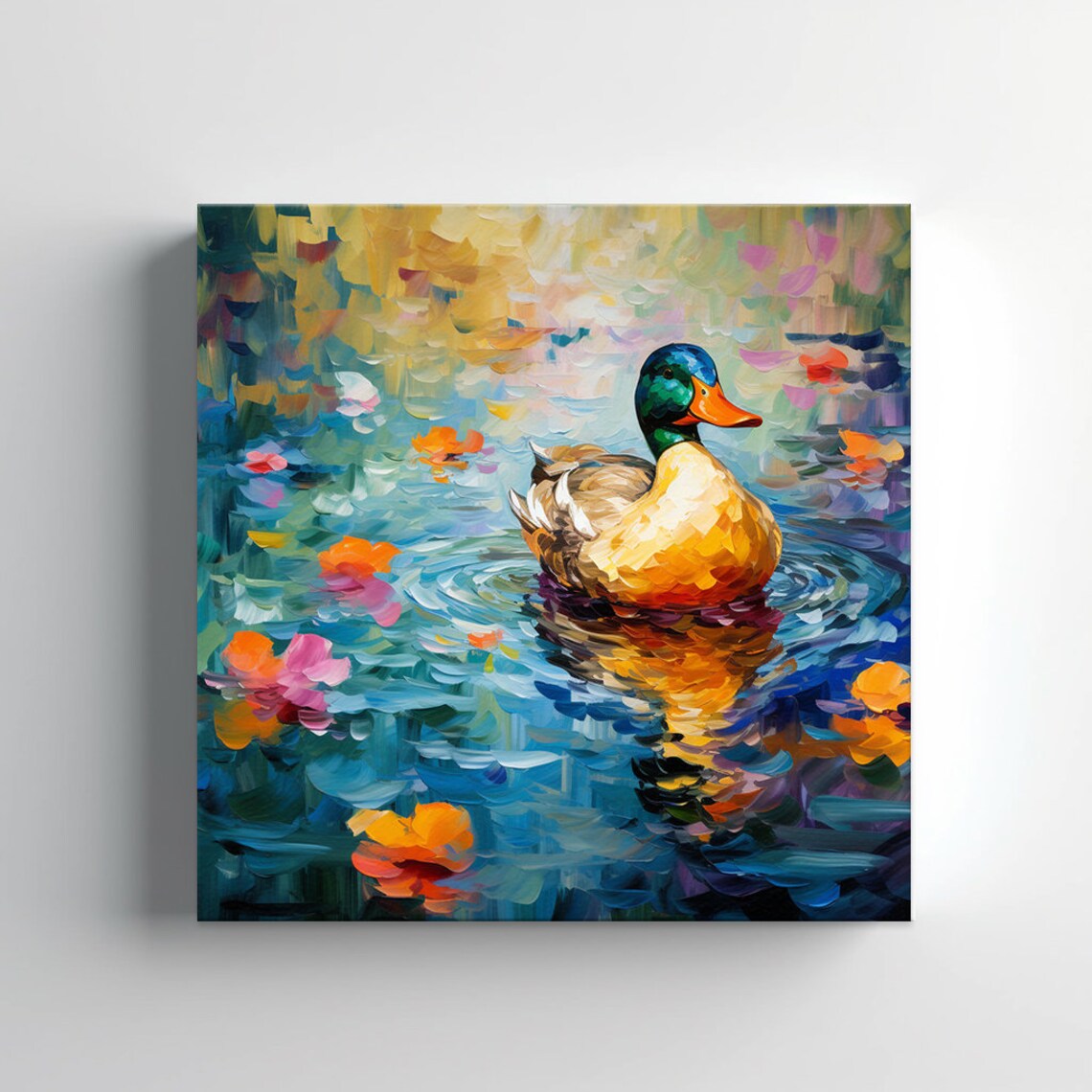 Mallard Drake Swimming Among Pink Water Lilies Painting Poster - Image 3