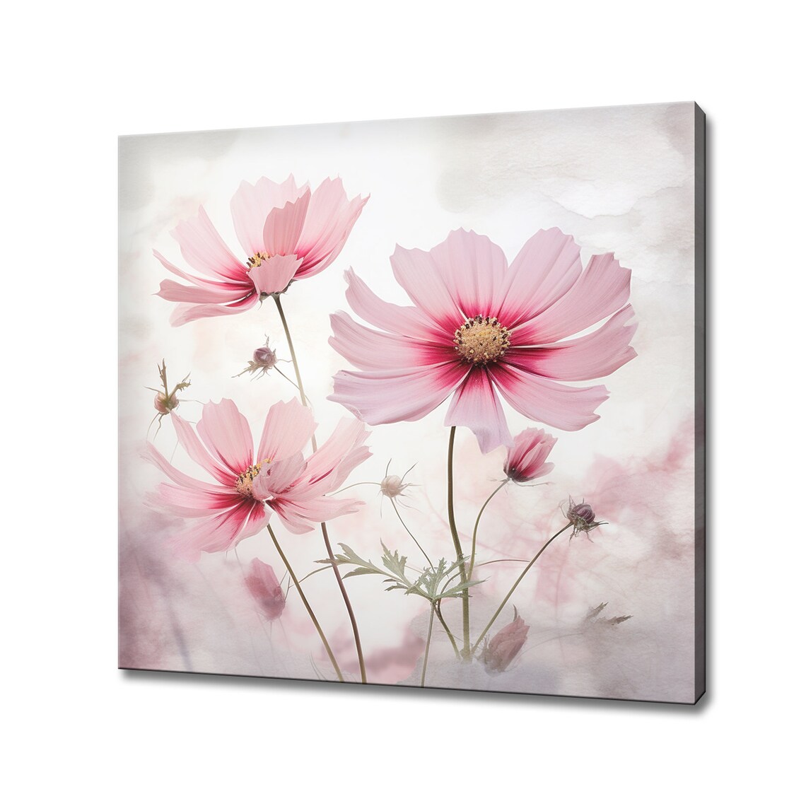 Three Pink Cosmos Flowers Watercolor Style Dreamy Floral Wall Art