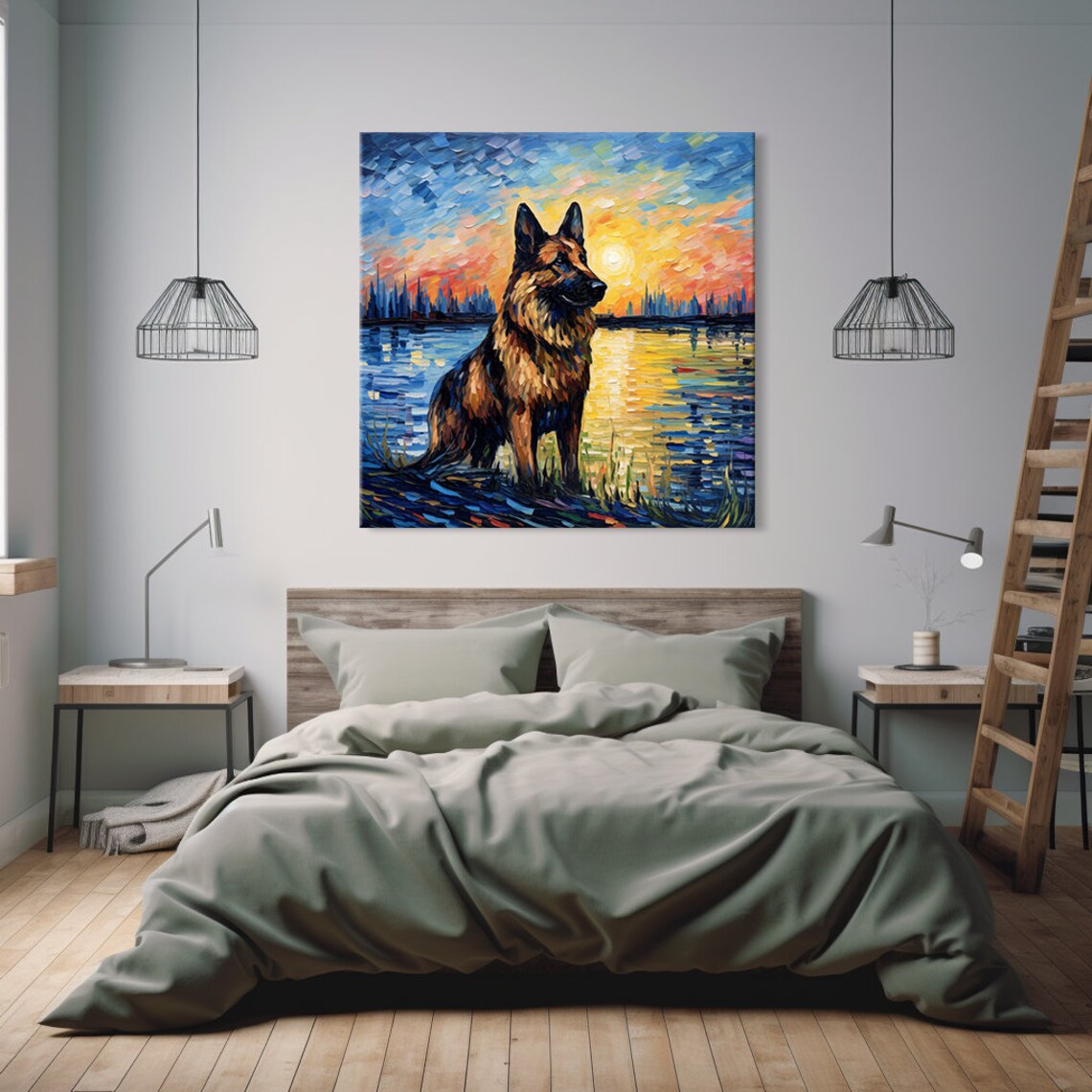 German Shepherd Dog By The Lake At A Fiery Sunset Painting Poster - Image 2