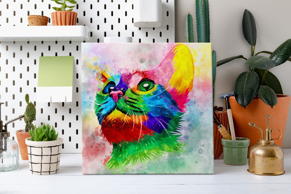 Oriental Shorthair Cat Looking Up Rainbow Watercolour Colourful Pet Poster - Image 2