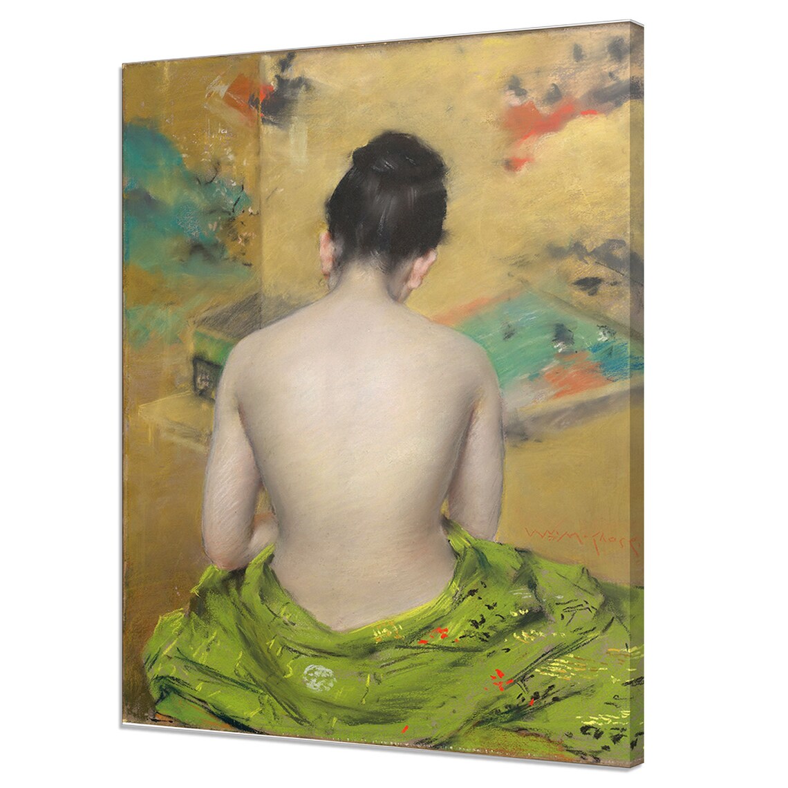 Seated Woman Bare Back Green Kimono Gold Screen Japanese Style Poster