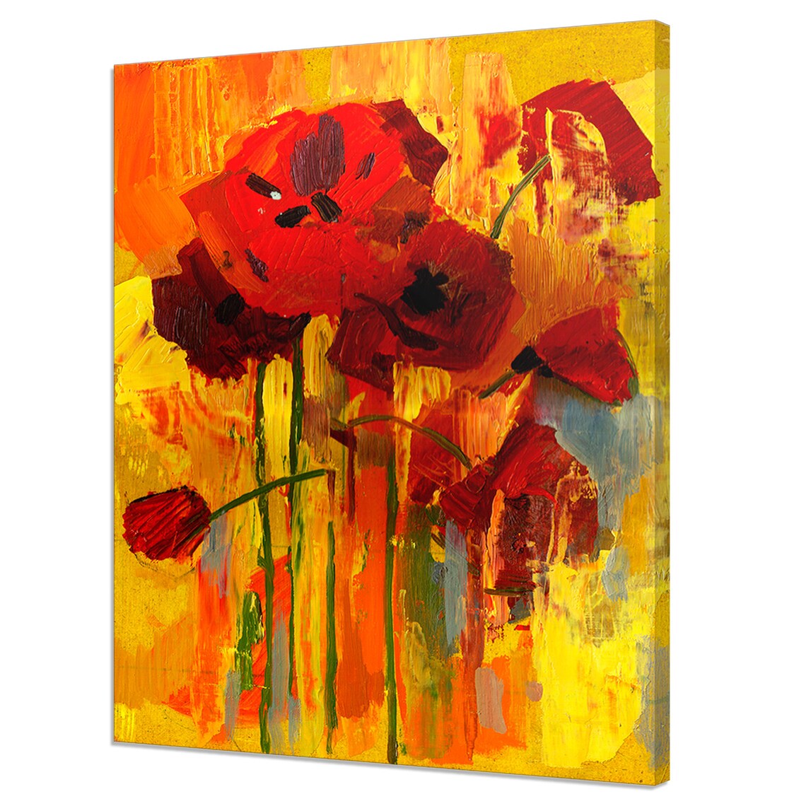 Red Poppy Flowers Oil Painting Golden Yellow Bold Floral Wall Art