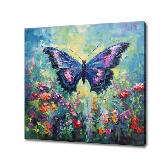 Beautiful Blue Butterfly Above Spring Flowers Field Print Gift For Butterfly Lover Colourful Painting Print Wall Art