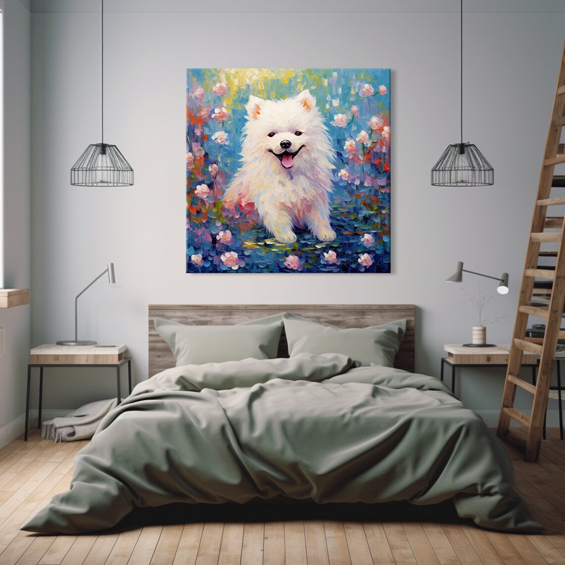 White Samoyed Puppy Among Blossoms By Water Colorful Painting Poster - Image 4