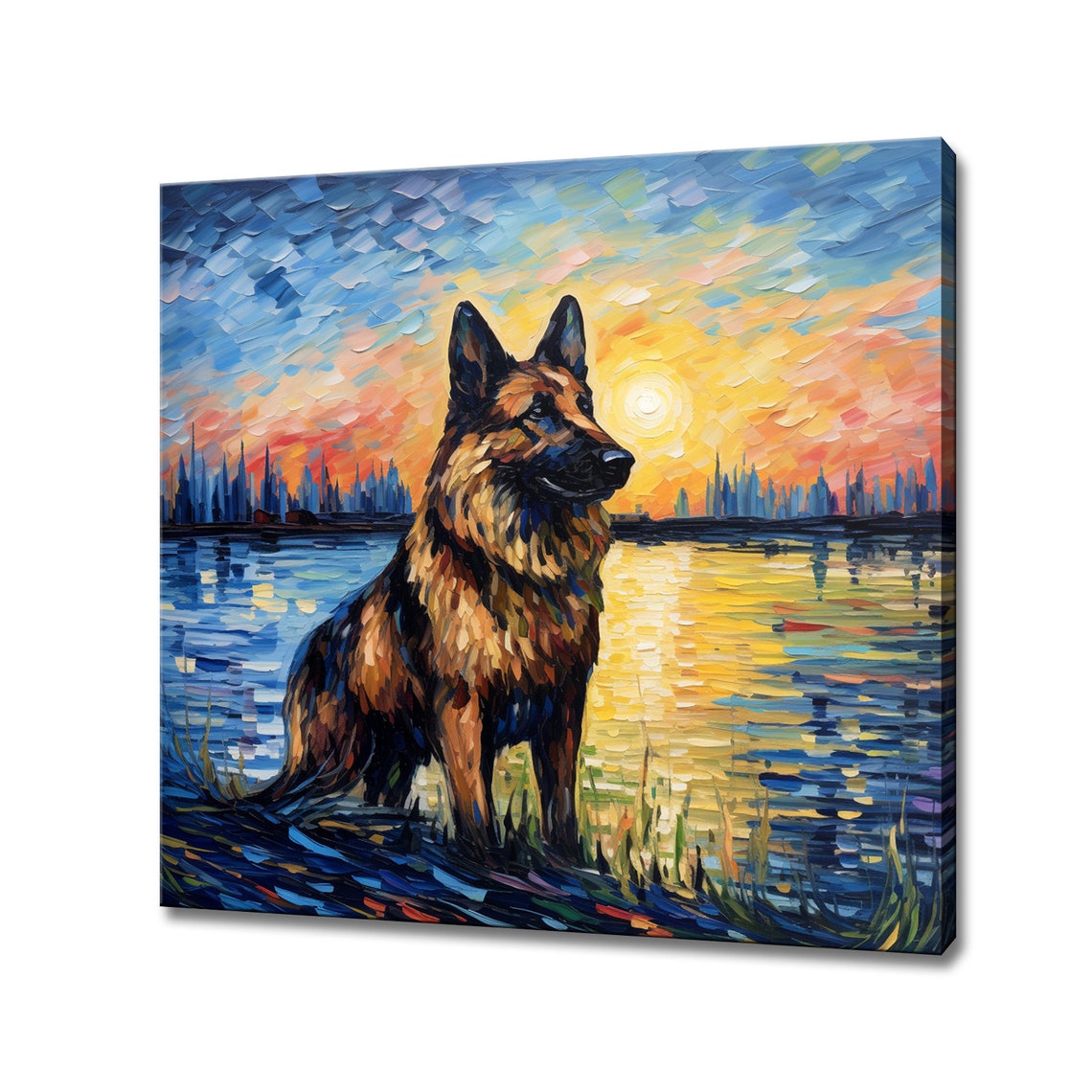German Shepherd Dog By The Lake At A Fiery Sunset Painting Poster