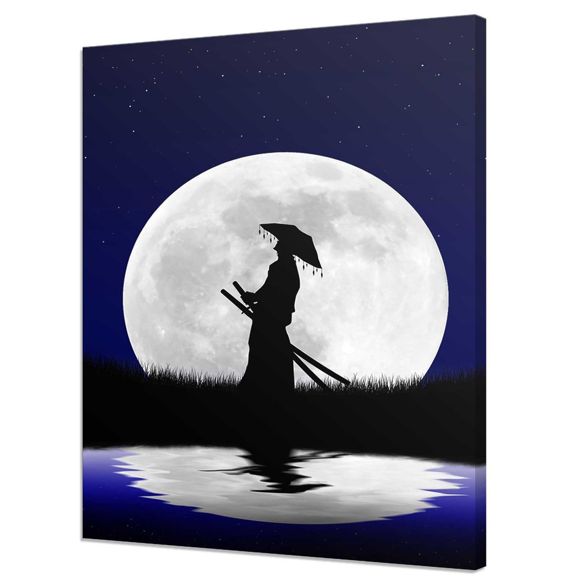 Japanese Samurai Silhouette Full Moon Night Warrior Art Poster