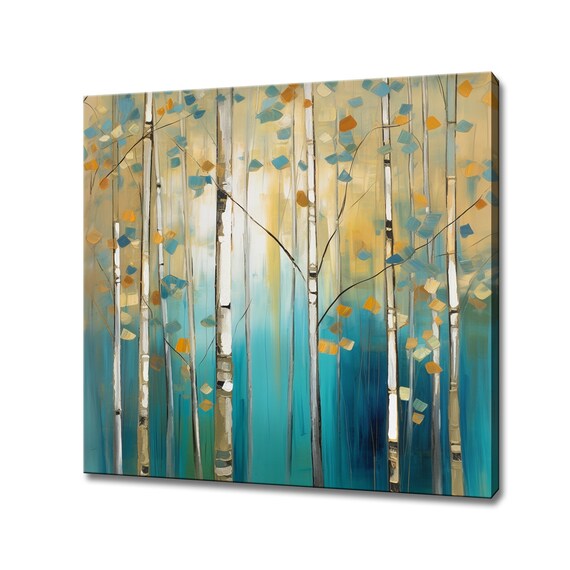 Pastel Coloured Birch Trees Forest Abstract Painting Style Print Blue Yellow Large Wall Art Print Nature Picture Wall Hanging