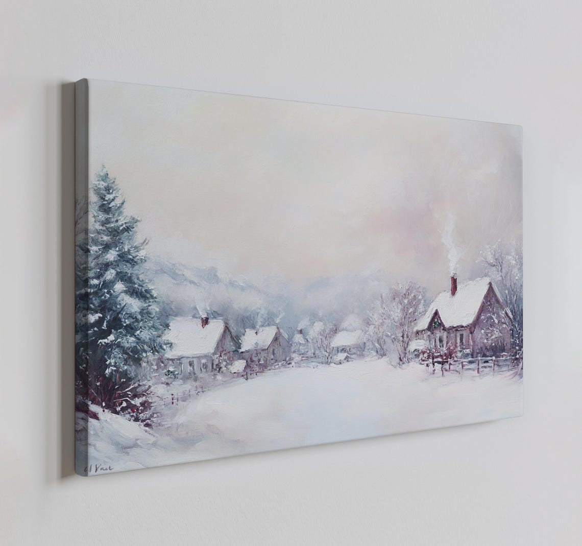 Snowy Christmas Village Houses Vintage Painting Style Print Farmhouse Decor Art Nature Picture Wall Hanging Fine Art Print
