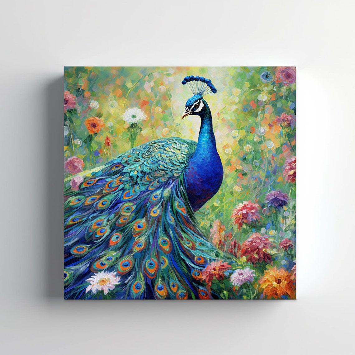 Peacock With Cobalt Blue Neck Eye Spotted Tail Flower Art Poster - Image 4