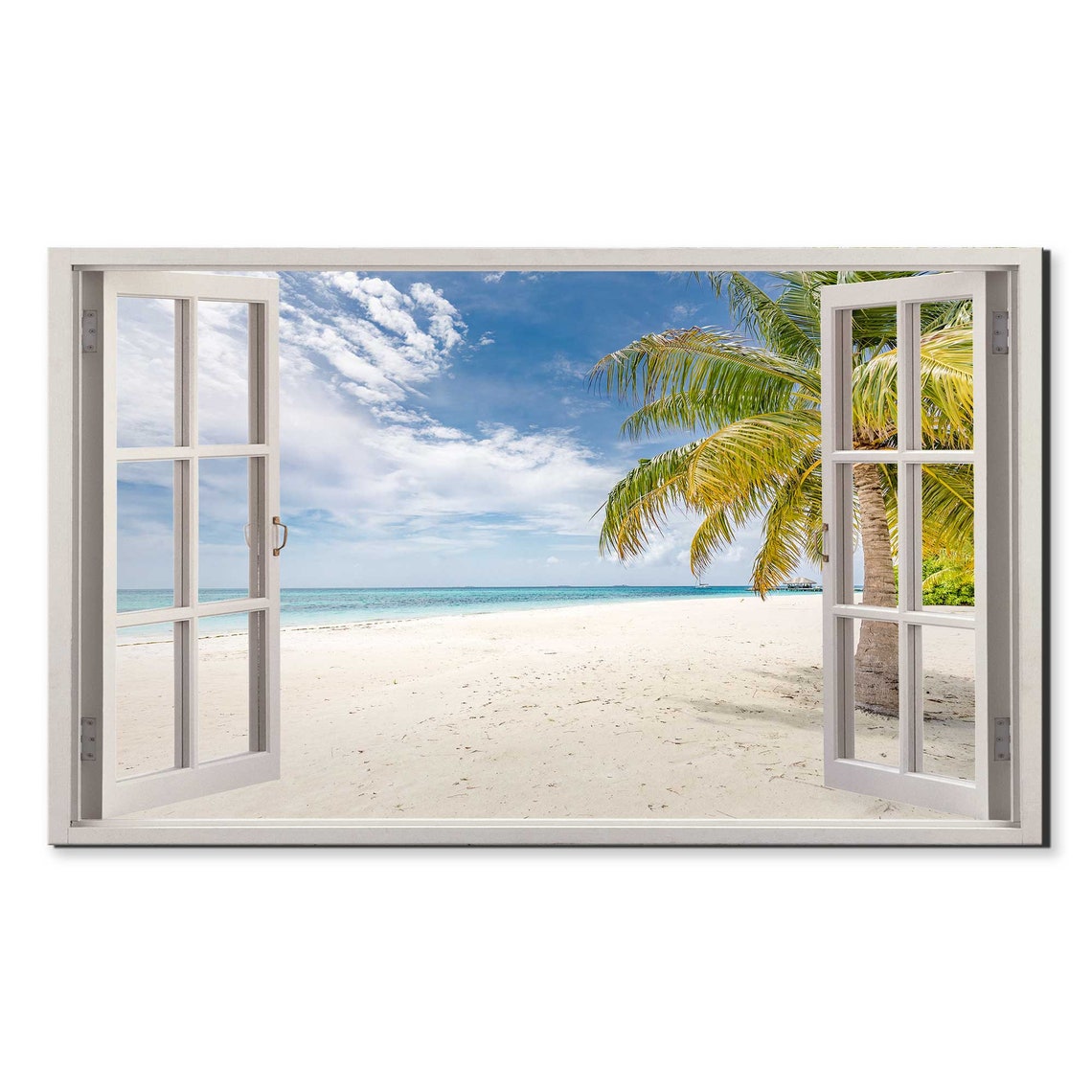 Tropical Palm Tree Beach Seen Through Open White Window Frame Poster