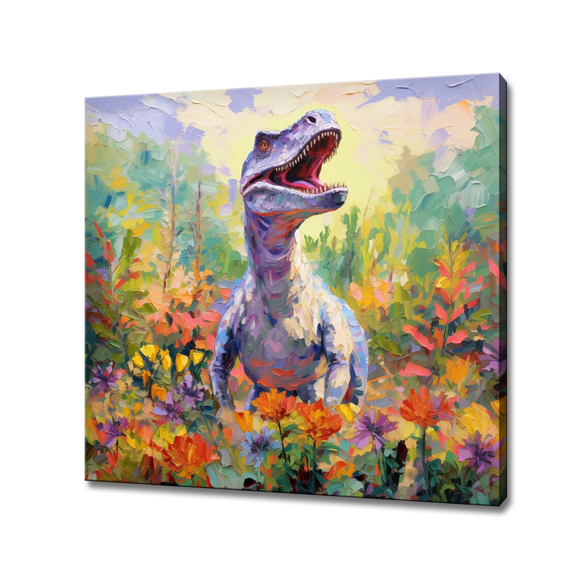 Tyrannosaurus Rex Roaring In Colorful Flower Field Art Poster