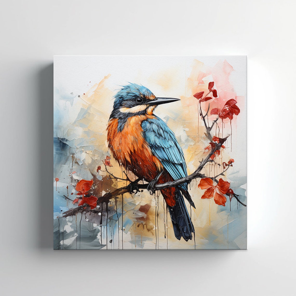 Kingfisher Branch Red Blossom Abstract Background Bird Art Print - Image 3