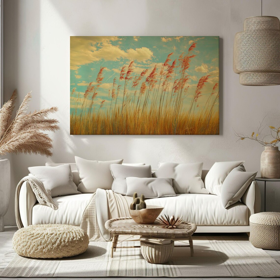 Autumn Golden Grass Field Reeds Vintage Turquoise Sky Clouds Poster - Image 2