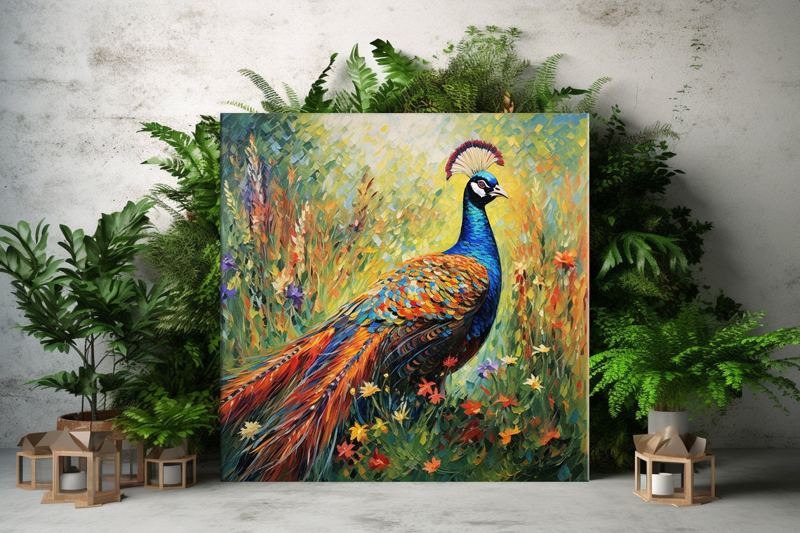 Vibrant Peacock With Iridescent Tail in Wildflower Meadow Poster - Image 3