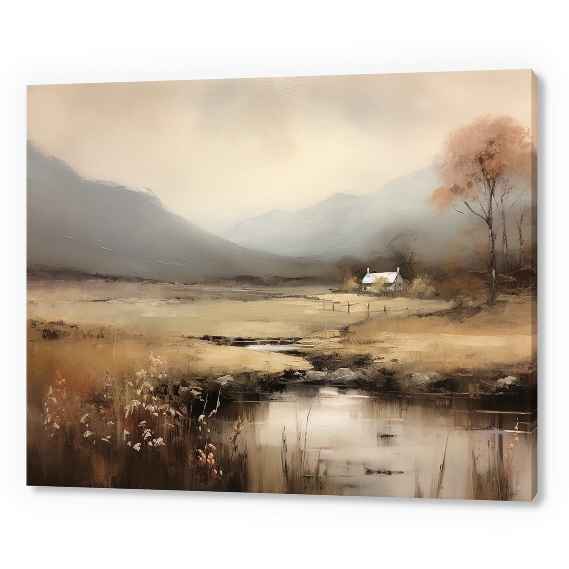 Vintage Country Summer Landscape House Warm Tone Painting Style Print Farmhouse Decor Art Neutral Nature Picture Wall Hanging