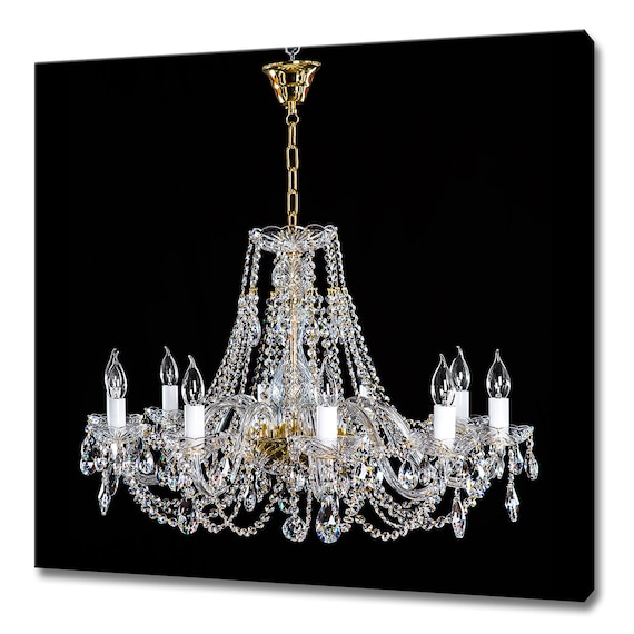 Stunning Clear Glass Crystal Chandelier with White Candles Black Wall Poster