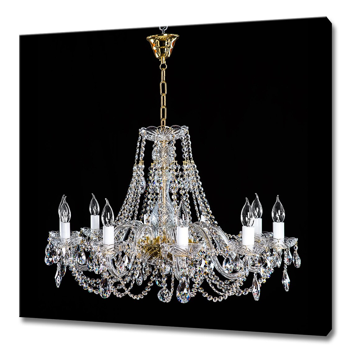 Stunning Clear Glass Crystal Chandelier with White Candles Black Wall Poster