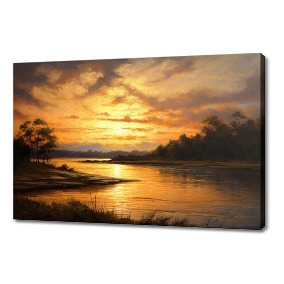 Beautiful Sunset Landscape Countryside Vintage Painting Style Print Farmhouse Decor Art Nature Picture Wall Hanging Fine Art Print