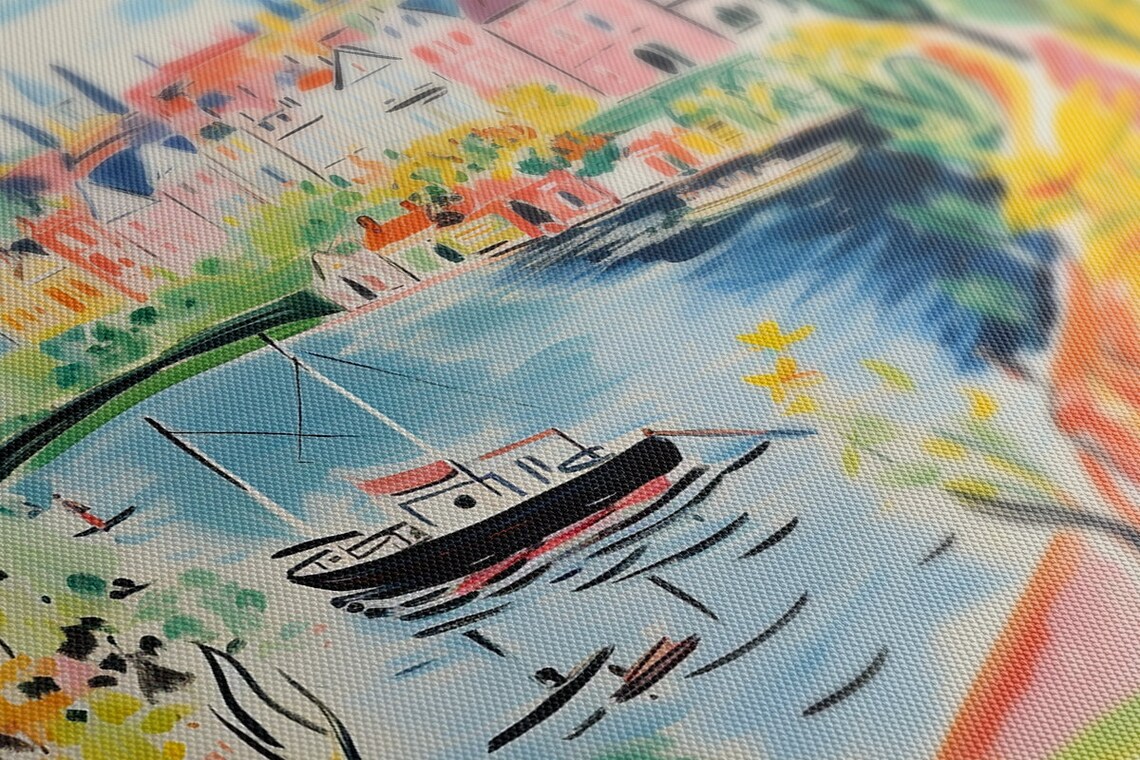 Colourful Riverside Harbour Town Boats Fauvist Style Painting Wall Art - Image 2