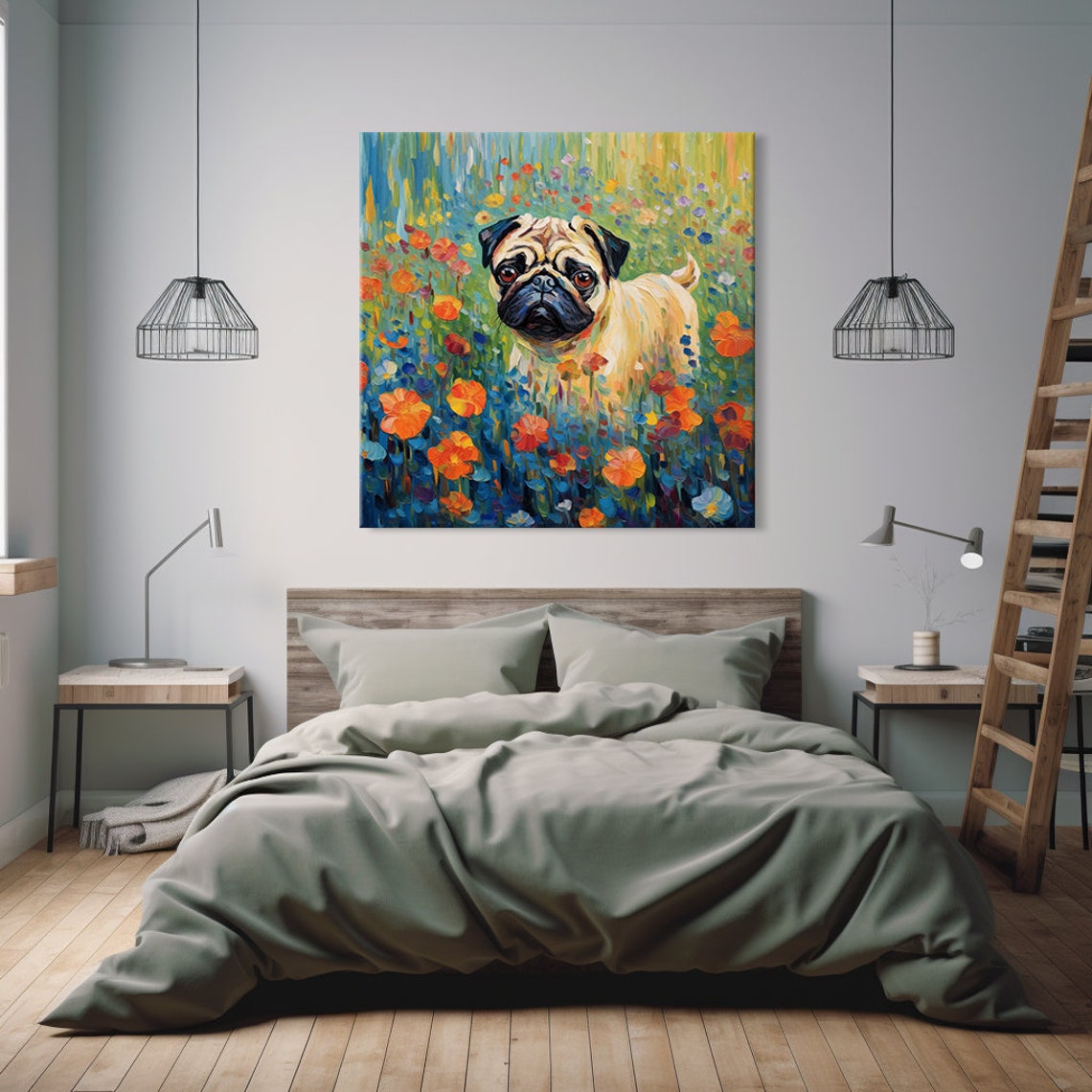 Cute Pug Dog In Flowers Field Animal Print Gift For Pug Dog Lover Colourful Dog Portrait Painting Print Dog Pet Wall Art - Image 3