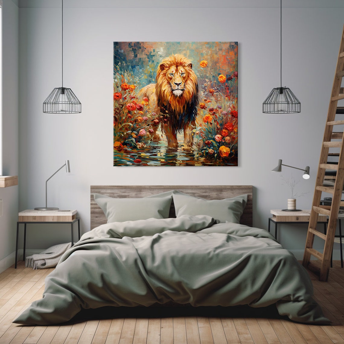 Majestic Lion With Golden Mane Wading Through Wildflowers Poster - Image 3
