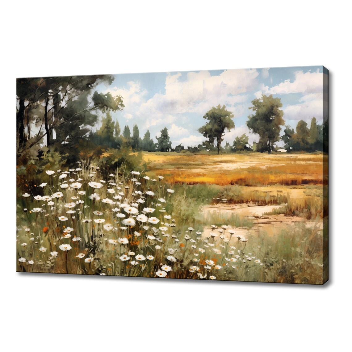 White Flowers Meadow Field Countryside Vintage Painting Style Print Farmhouse Decor Art Nature Picture Wall Hanging Fine Art Print