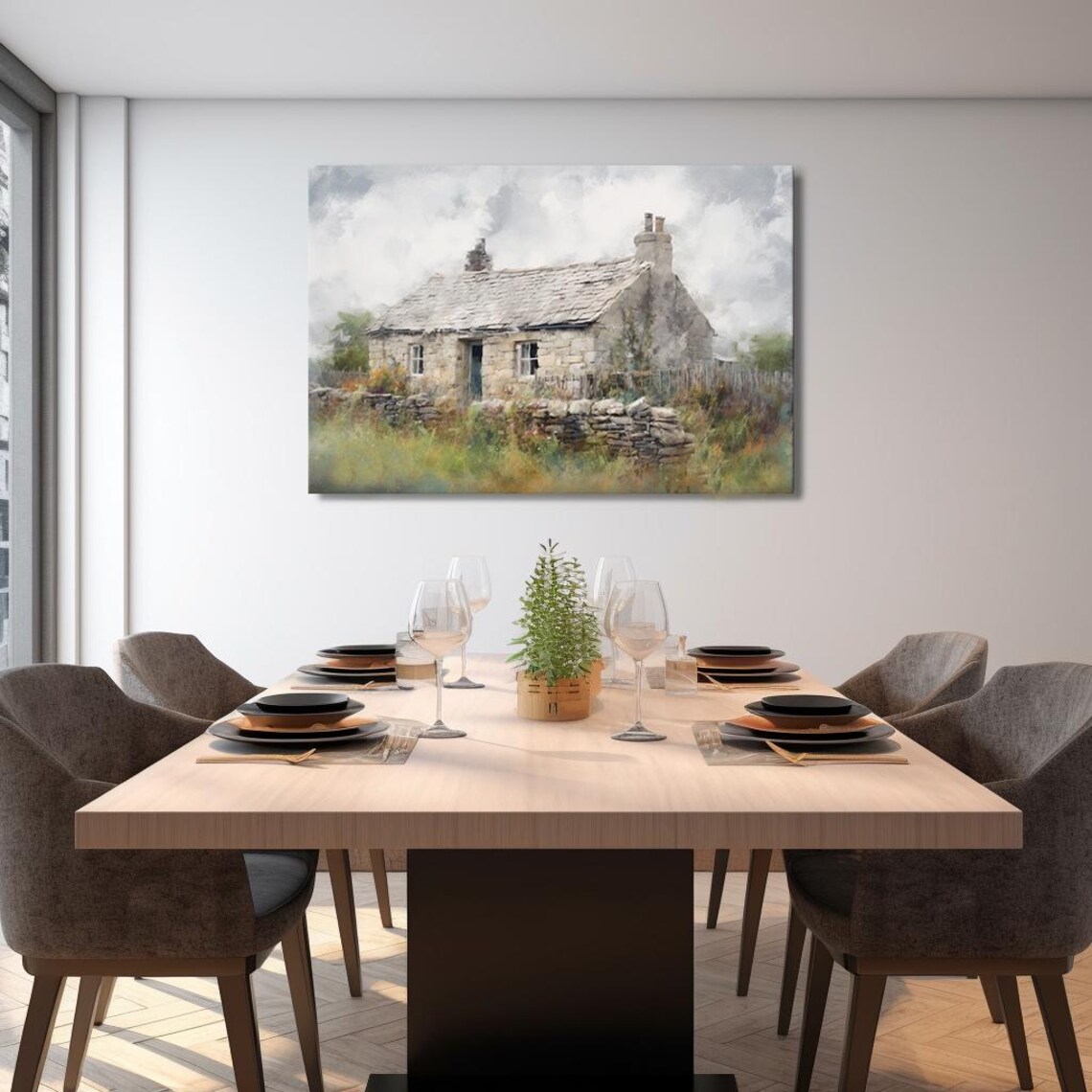 Stone Cottage Misty Meadow Dry Stone Wall Vintage Countryside Poster - Image 2