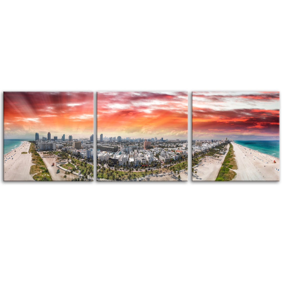 Miami Beach Florida Sunset Coastline Aerial 3 Panel Triptych Poster