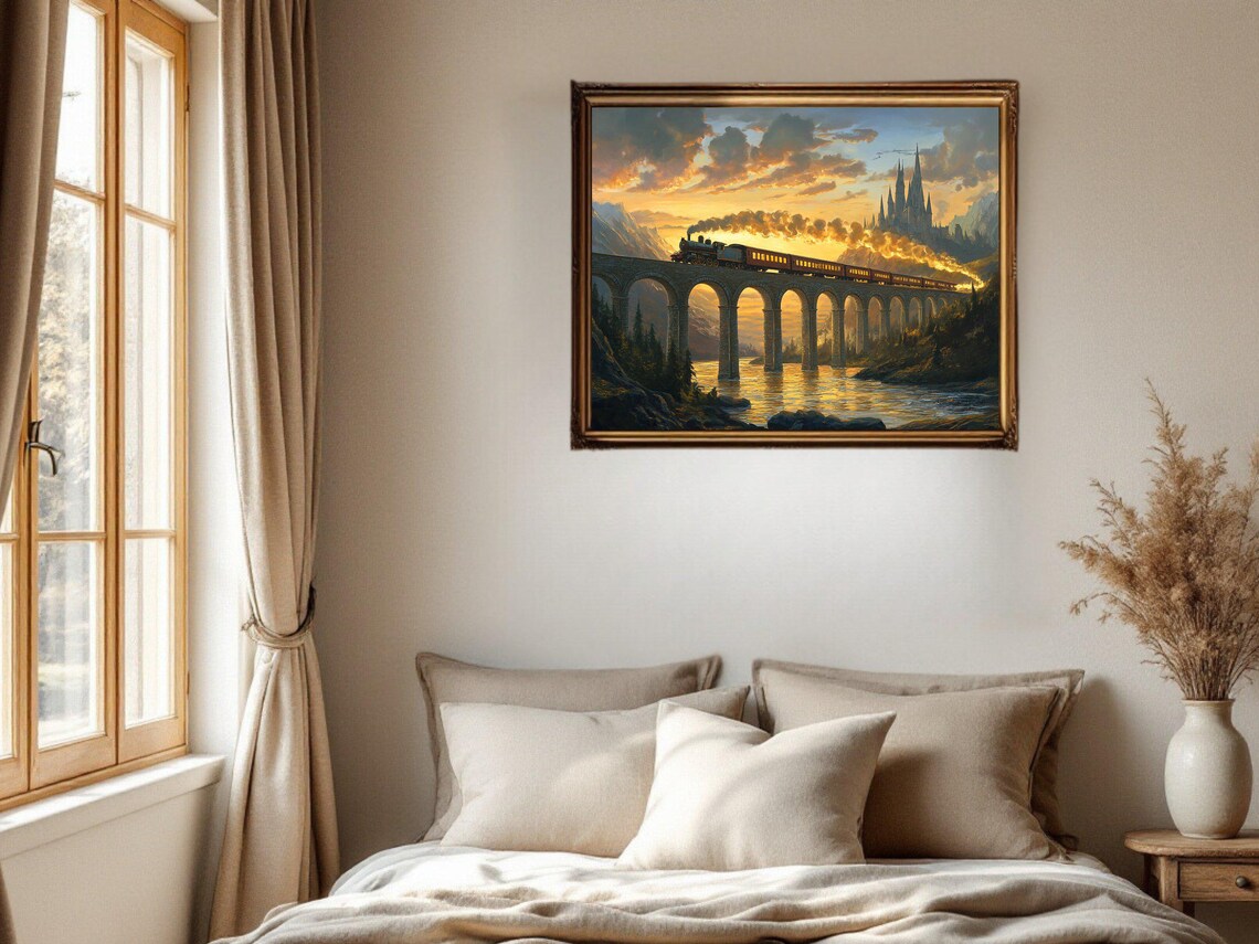 Vintage Train, Sunset Railway Bridge Travel Poster - Image 2