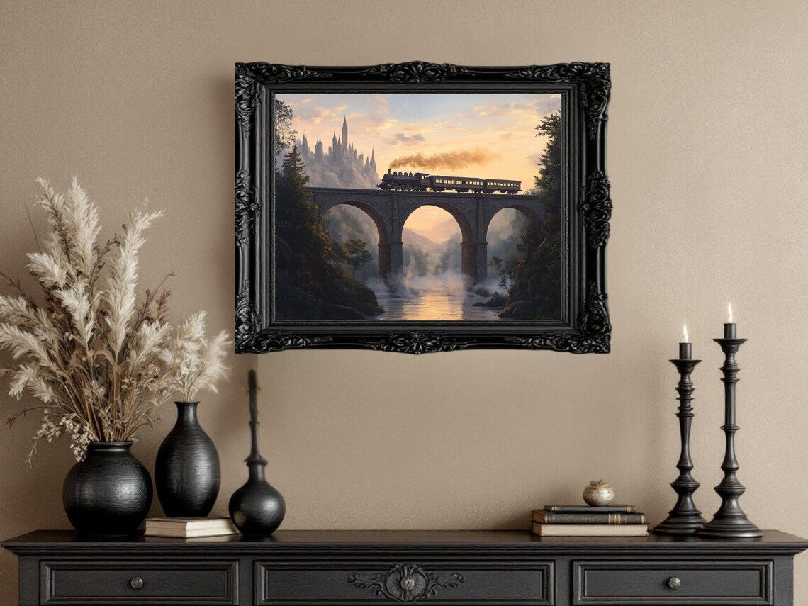 Vintage Train On Stone Bridge At Sunset, Castle - Image 3