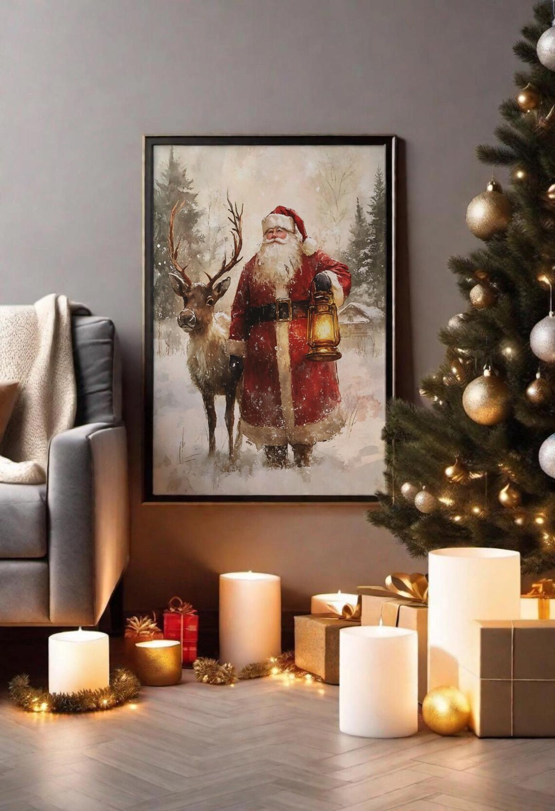 Vintage Santa With Lantern And Reindeer, Rustic Holiday - Image 2