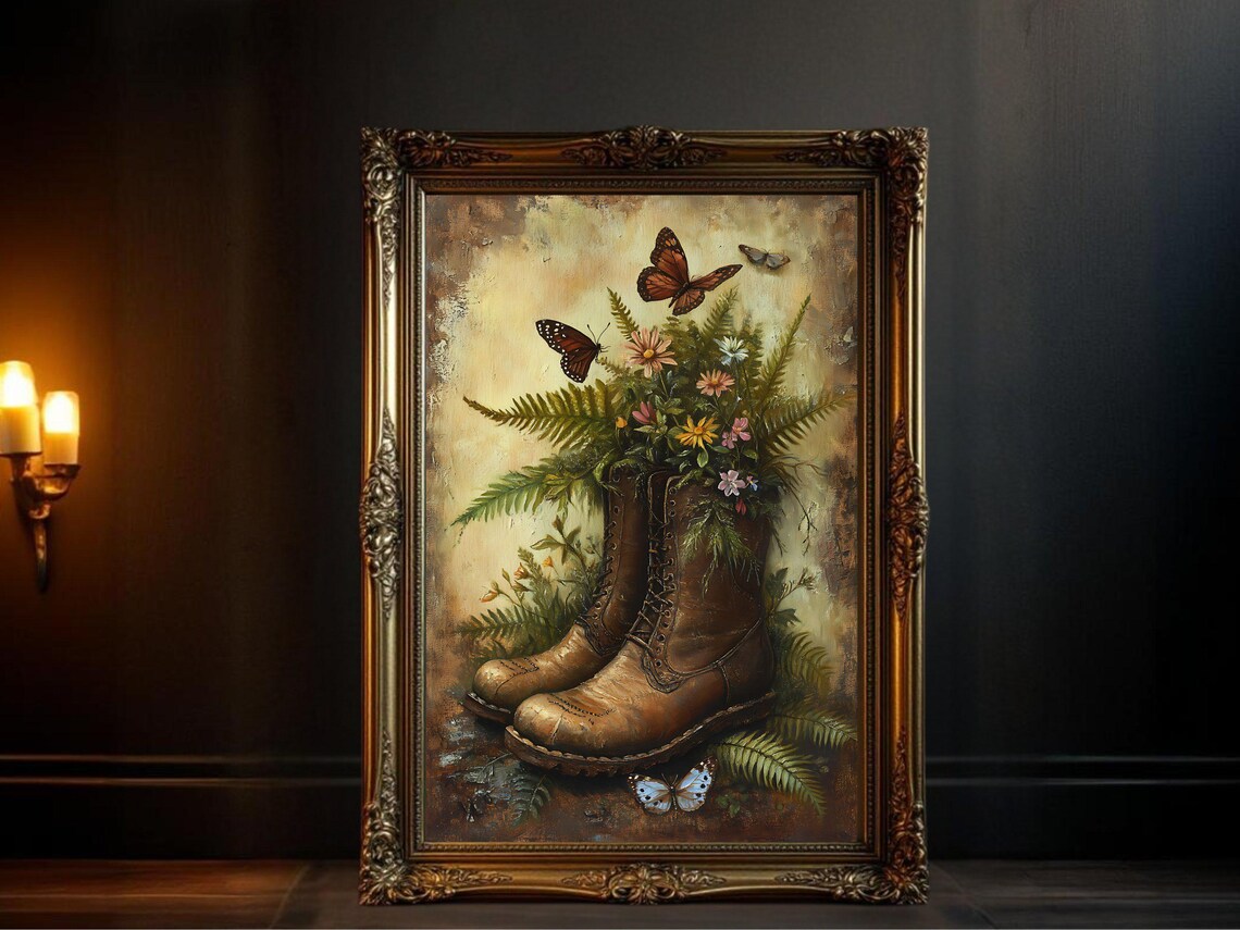 Rustic Boots With Flowers And Butterflies, Vintage Oil Painting