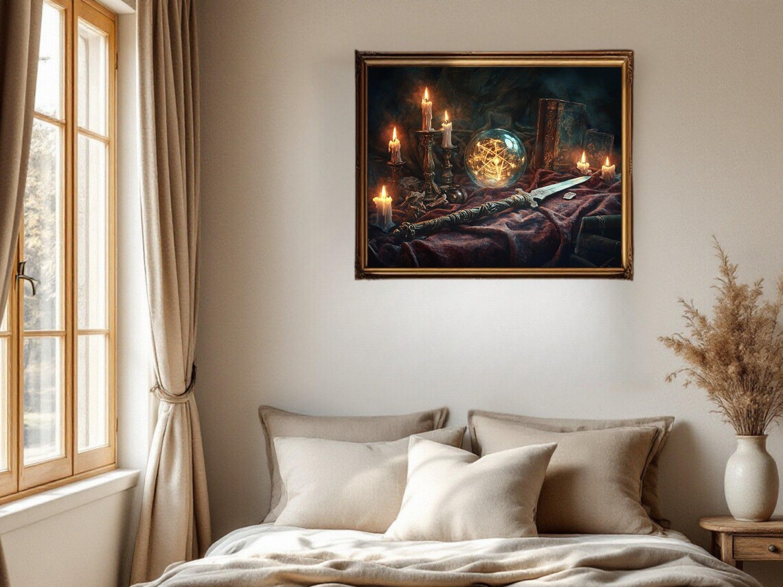 Enchanted Candlelit Scene, Magical Books and Sword Art Print - Image 2