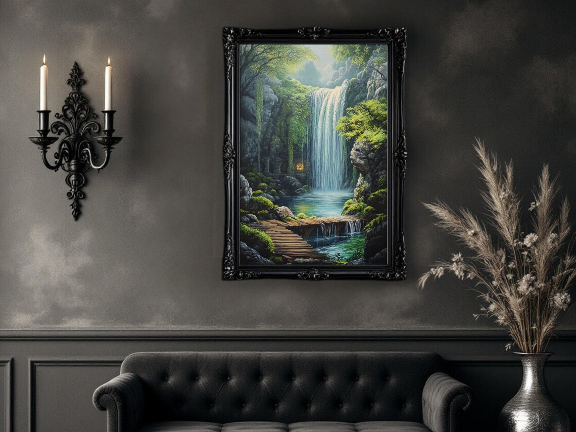 Mystical Waterfall Forest Landscape Art Print - Image 2