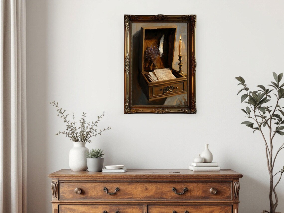 Antique Desk Drawer Still Life, Vintage Oil Painting - Image 3