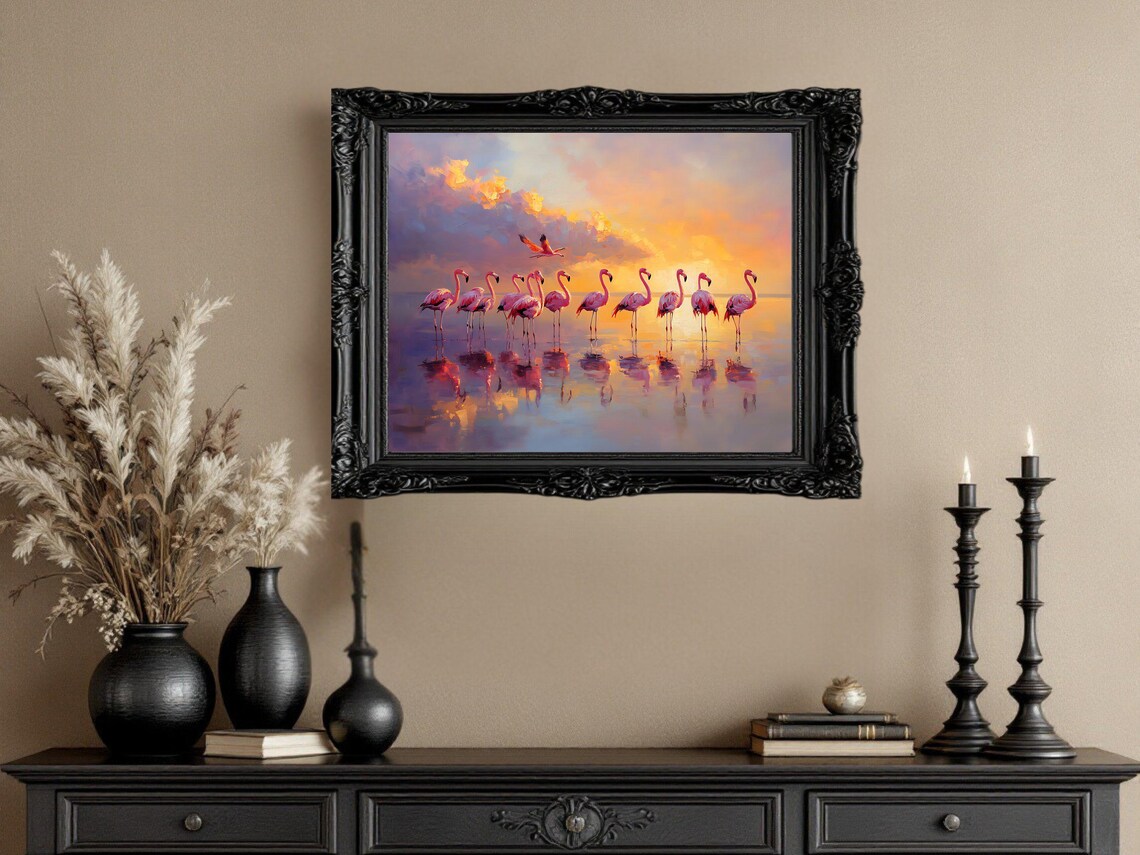 Flamingo Sunset Beach Flamingos Art Print - Image 2