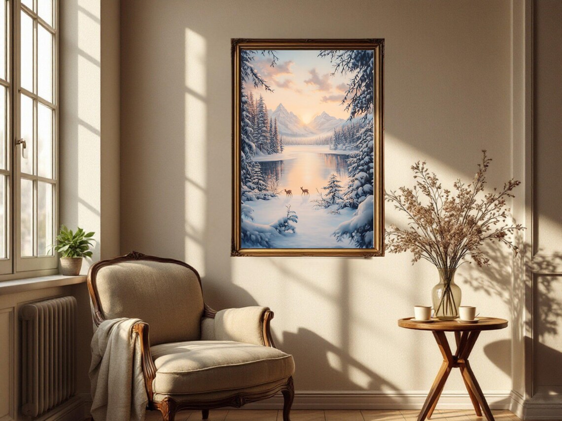 Winter Landscape Deer In Snowy Forest, Nature Art Print - Image 3