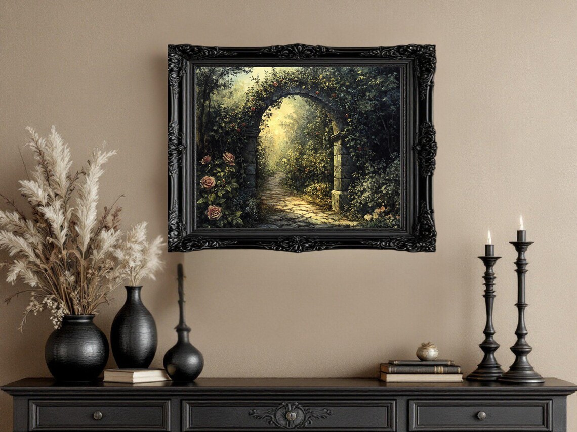 Romantic Garden Archway Path, Floral Landscape Art Print - Image 3