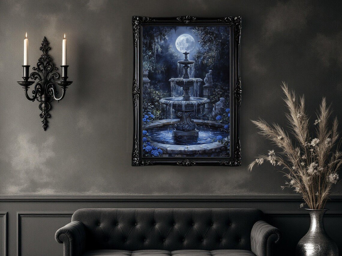 Moonlit Mystical Garden Fountain Art Print - Image 2