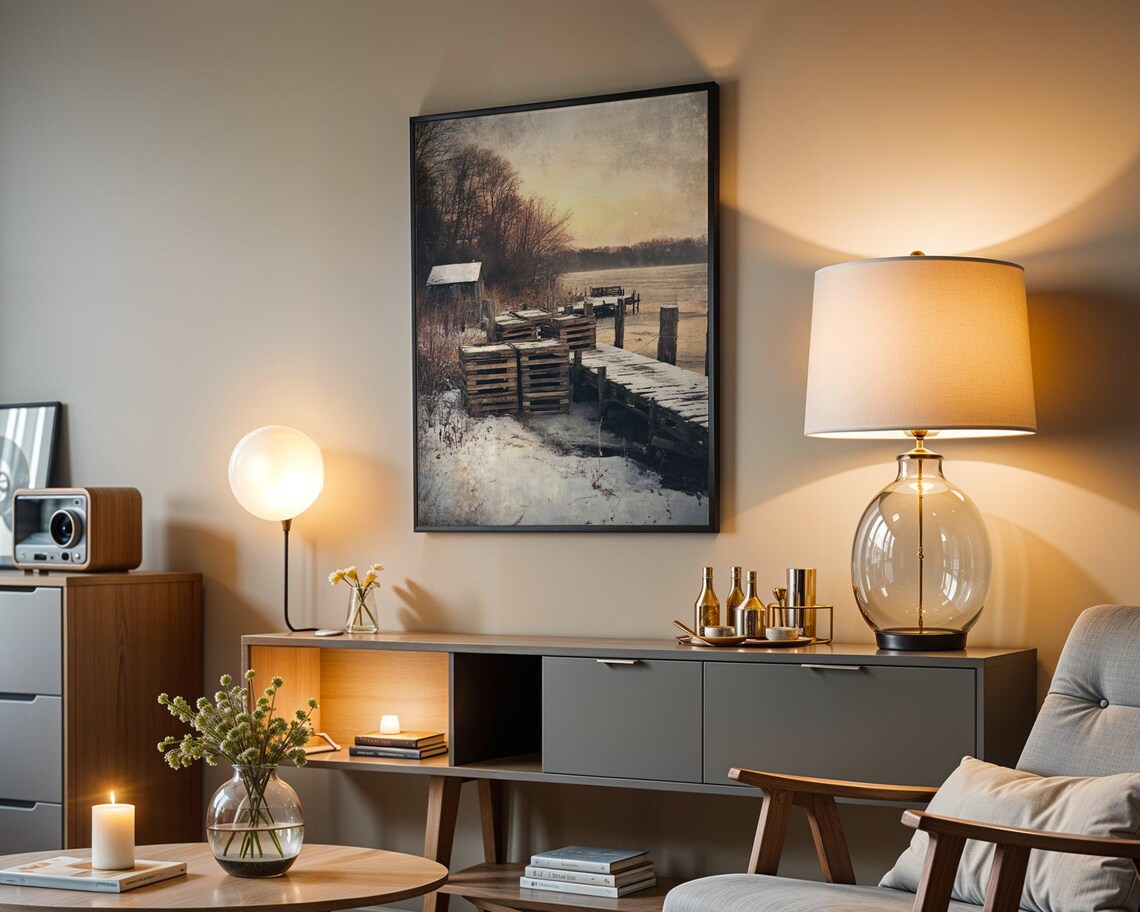 Rustic Winter Dock Scene, Vintage Lake View - Image 3