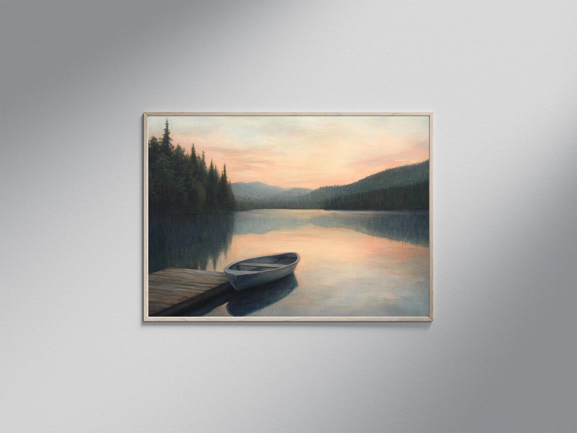 Tranquil Lake Sunset Art Print, Serene Mountains