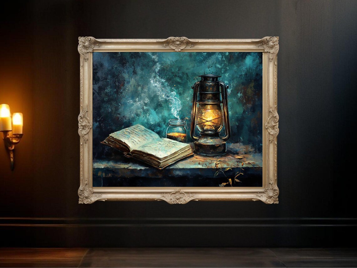 Vintage Lantern And Open Book, Mystical Night Art Print