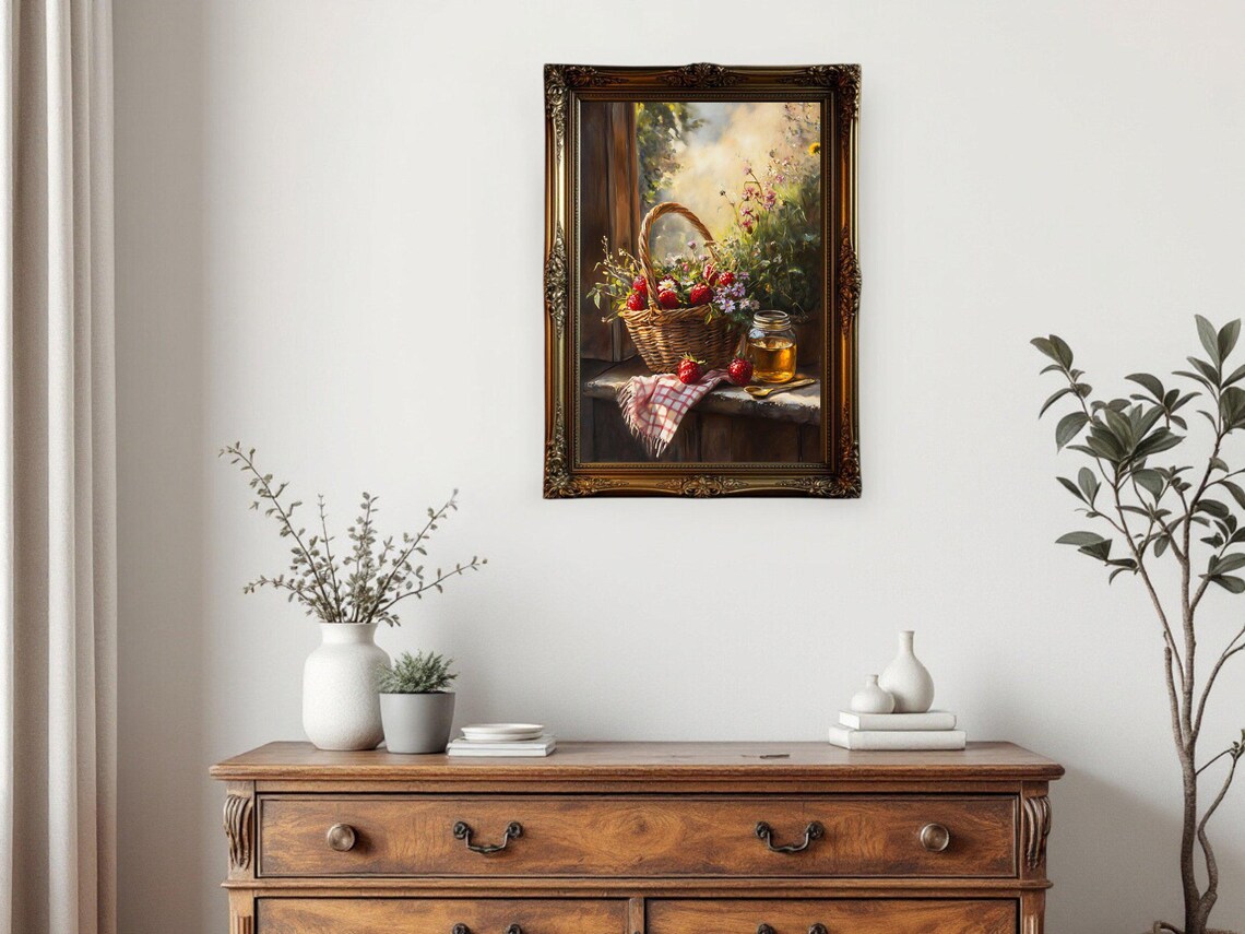 Vintage Oil Painting Still Life, Strawberries And Flowers - Image 3