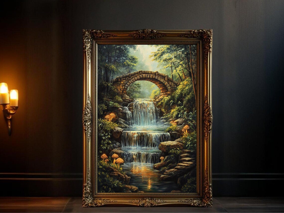 Enchanted Forest Waterfall, Mystical Bridge Poster