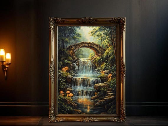 Enchanted Forest Waterfall, Mystical Bridge Poster