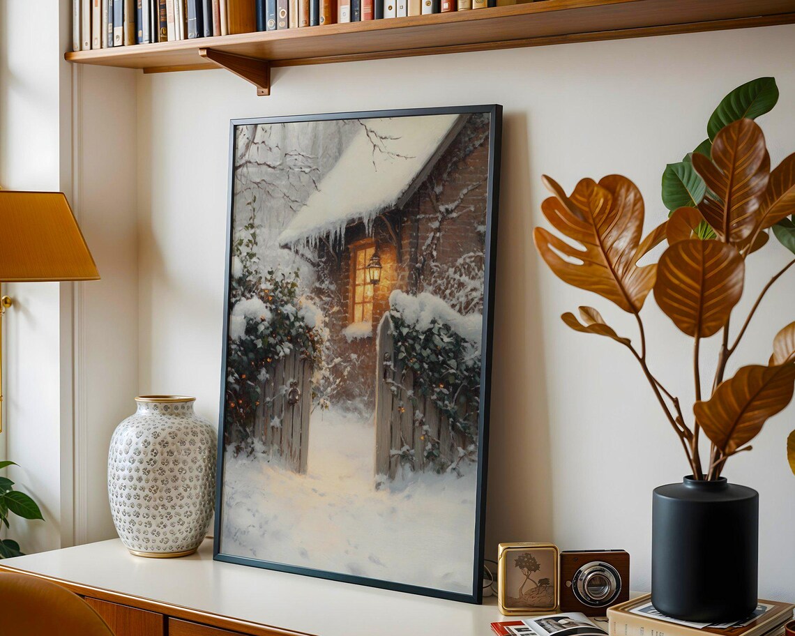 Cozy Winter Cabin Scene, Snowy Cottage Landscape - Image 2