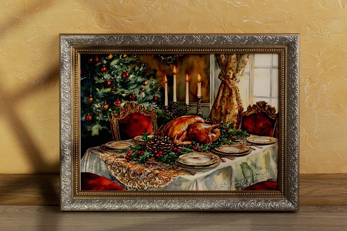 Christmas Feast, Rustic Vintage Holiday Table Art Print