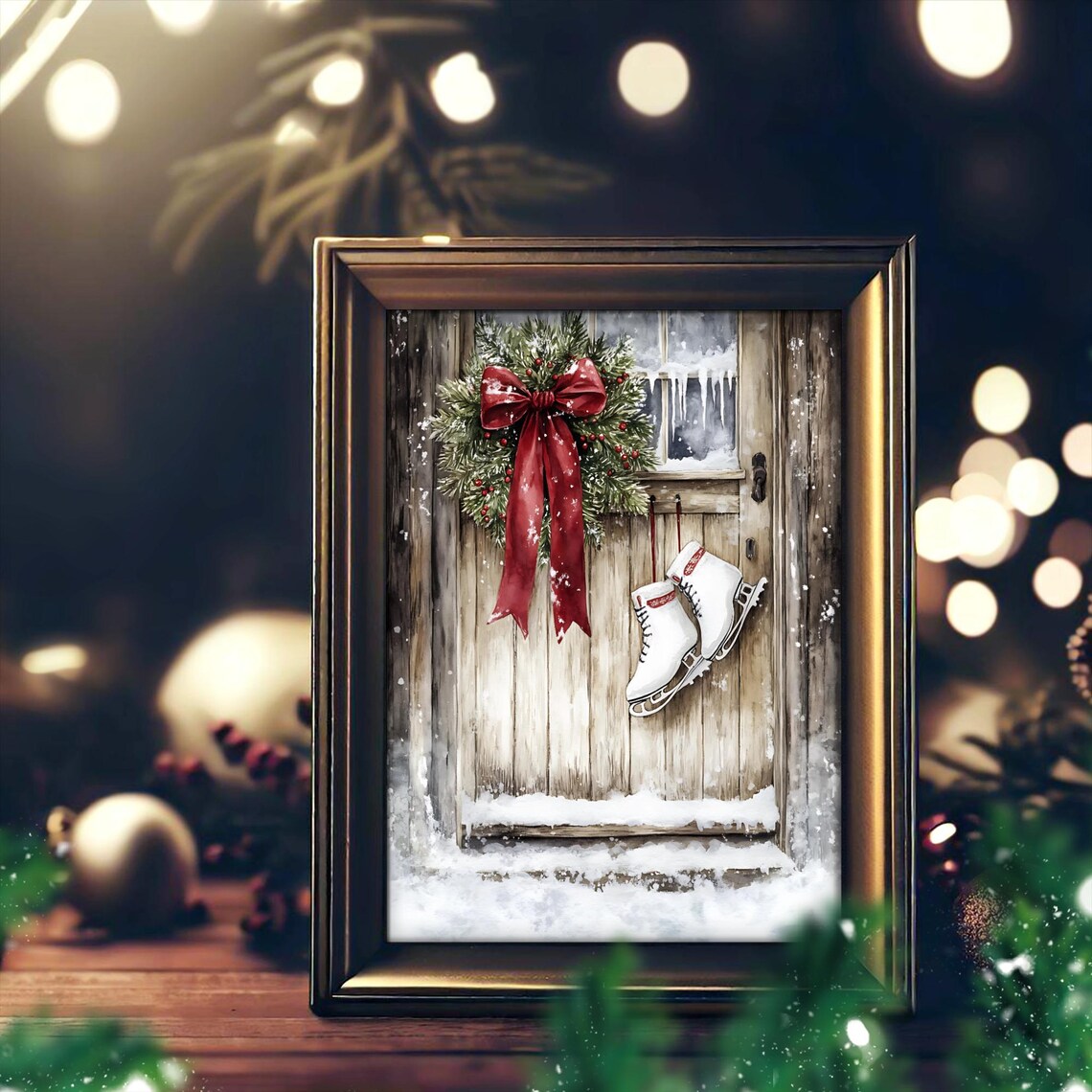 Rustic Christmas Door, Winter Wreath and Ice Skates